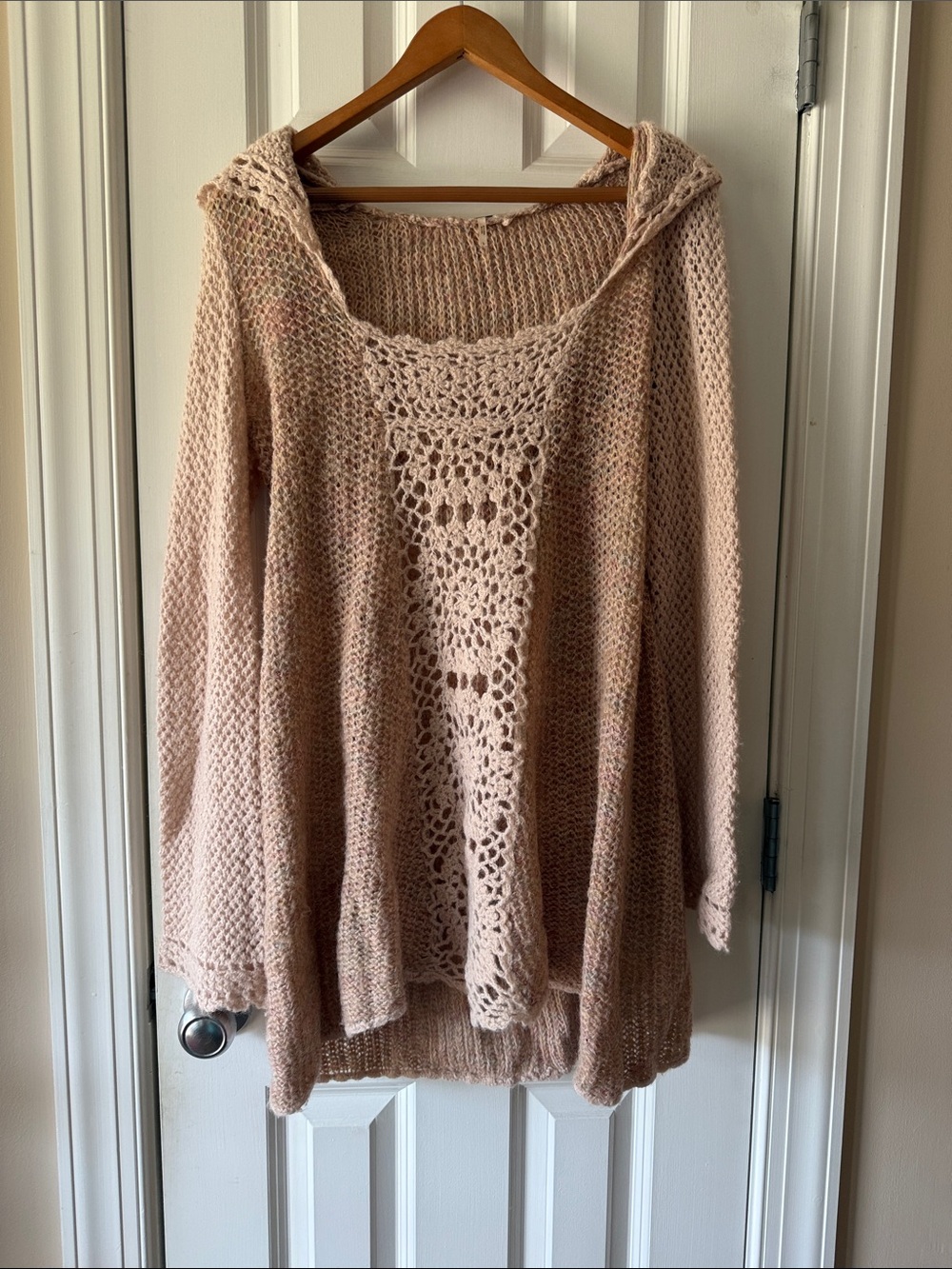 Free People Merci Crochet-Panel Hooded Sweater EUC size L (p6)